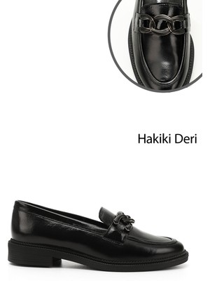 GÖNDERİ Kadın Siyah Rugan  Tokalı Hakiki Deri Loafer Ayakkabı