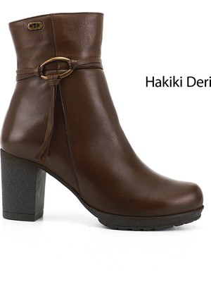 GÖNDERİ Kadın Kahve Antik  Fermuarlı Kalın Topuklu Hakiki Deri Bot