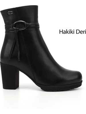 GÖNDERİ Kadın Siyah  Fermuarlı Kalın Topuklu Hakiki Deri Bot
