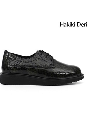 GÖNDERİ Kadın Yeşil Yılan  Bağcıklı Dolgu Taban Hakiki Deri Ayakkabı