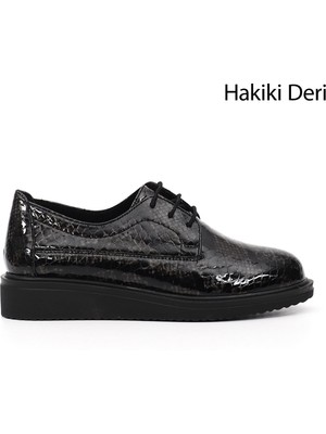 GÖNDERİ Kadın Gri - Gri  Bağcıklı Dolgu Taban Hakiki Deri Ayakkabı