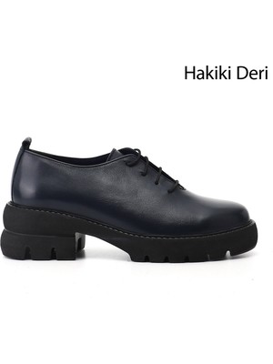 GÖNDERİ Kadın Lacivert  Bağcıklı Kalın Topuklu Hakiki Deri Ayakkabı