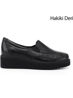 GÖNDERİ Kadın Siyah  Dolgu Taban Hakiki Deri Ayakkabı
