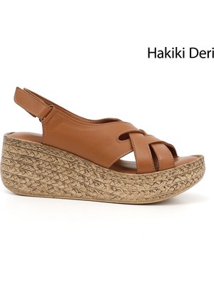 Kadın Taba Antik Cırt Bantlı Dolgu Topuk Hakiki Deri Sandalet