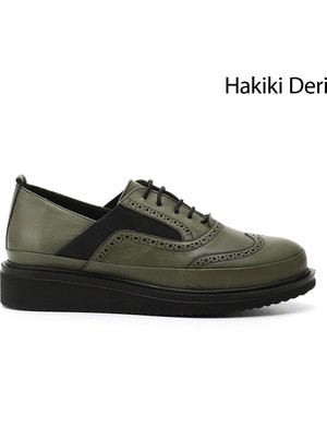 GÖNDERİ Kadın Yeşil  Bağcıklı Dolgu Taban Hakiki Deri Ayakkabı