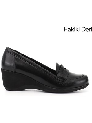GÖNDERİ Kadın Siyah  Dolgu Taban Hakiki Deri Loafer Ayakkabı