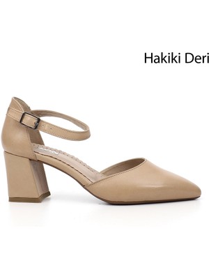 Gönderi(r) Kadın Antik Bej  Bilekten Bağlı Orta Topuklu Hakiki Deri Ayakkabı