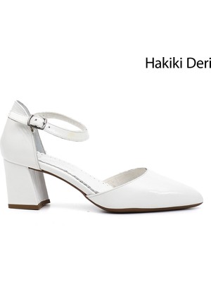 Gönderi(r) Kadın 001-Beyaz  Bilekten Bağlı Orta Topuklu Hakiki Deri Ayakkabı