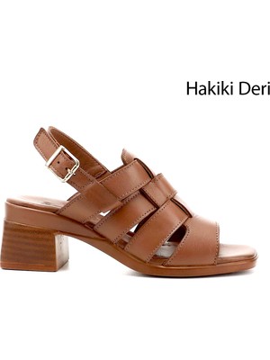 Gönderi(r) Kadın Taba Antik Örgü Bantlı  Kalın Topuklu Hakiki Deri Sandalet