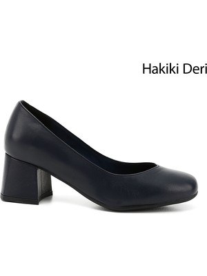 GÖNDERİ Kadın Lacivert  Küt Burun Orta Kalın Topuklu Hakiki Deri Ayakkabı