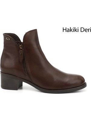 GÖNDERİ Kadın Kahve Antik  Çift Fermuarlı Kalın Topuklu Hakiki Deri Bot