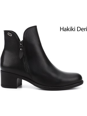 GÖNDERİ Kadın Siyah  Çift Fermuarlı Kalın Topuklu Hakiki Deri Bot