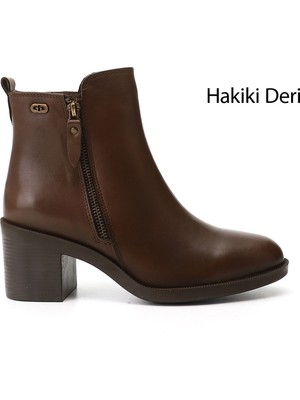 Gönderi(r) Kadın Kahverengi Fermuarlı Kalın Topuklu Hakiki Deri Bot