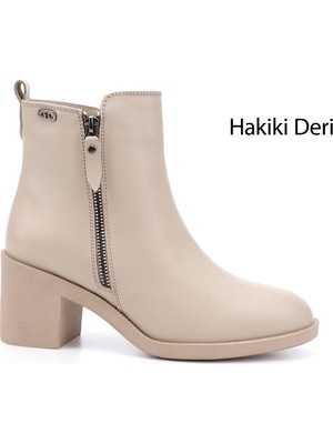Gönderi(r) Kadın Bej Fermuarlı Kalın Topuklu Hakiki Deri Bot