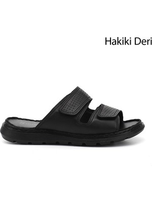 Gönderi(r) Erkek Siyah  Çift Cırtlı Hakiki Deri Comfort Terlik