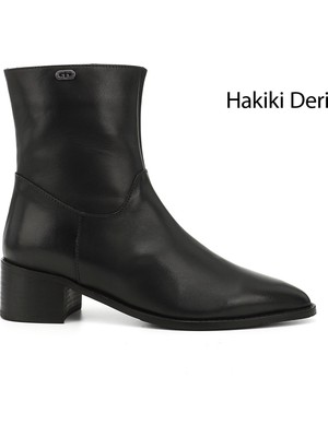 GÖNDERİ Kadın Siyah  Fermuarlı Sivri Burun Hakiki Deri Bot