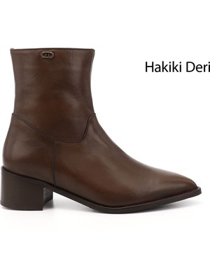 GÖNDERİ Kadın Kahverengi  Fermuarlı Sivri Burun Hakiki Deri Bot