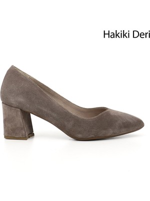 GÖNDERİ Kadın Vizon Süet  Sivri Burun Orta Kalın Topuklu Hakiki Deri Ayakkabı