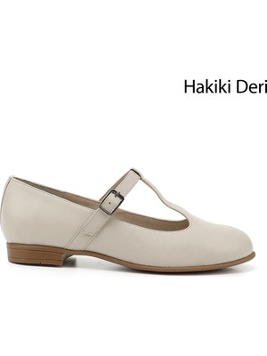 GÖNDERİ Kadın Bej  Mary Jane Hakiki Deri Babet