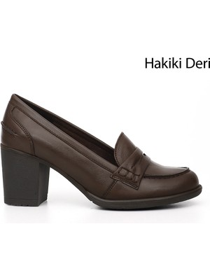GÖNDERİ Kadın Kahve Antik  Orta Kalın Topuklu Hakiki Deri Ayakkabı