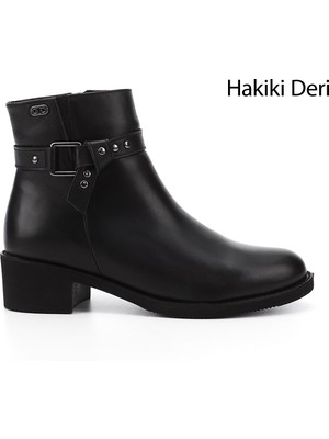 Gönderi® Kadın Siyah Fermuarlı Kalın Topuklu Hakiki Deri Bot