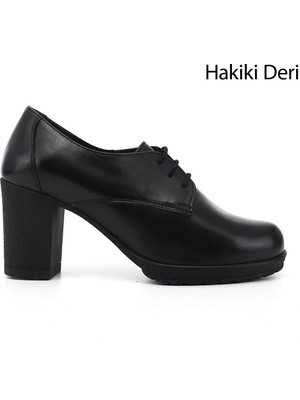 GÖNDERİ Kadın Siyah  Bağcıklı Kalın Topuklu Hakiki Deri Ayakkabı