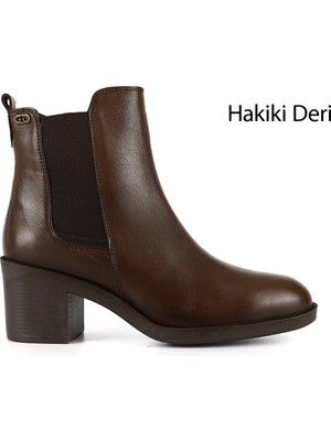 GÖNDERİ Kadın Kahverengi  Fermuarlı Kalın Topuklu Hakiki Deri Chelsea Bot