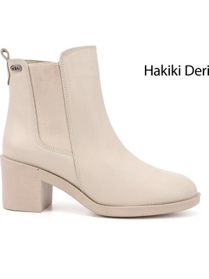 GÖNDERİ Kadın Bej  Fermuarlı Kalın Topuklu Hakiki Deri Chelsea Bot