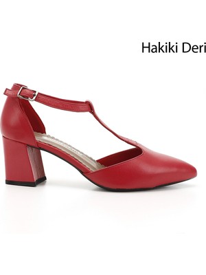 GÖNDERİ Kadın Antik Kırmızı  Bilekten Bağlı Orta Topuklu Hakiki Deri Ayakkabı
