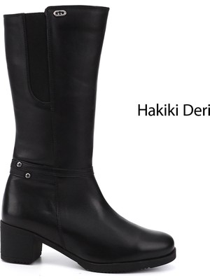 Gönderi(r) Kadın Siyah Fermuarlı Kalın Topuklu Hakiki Deri Çizme