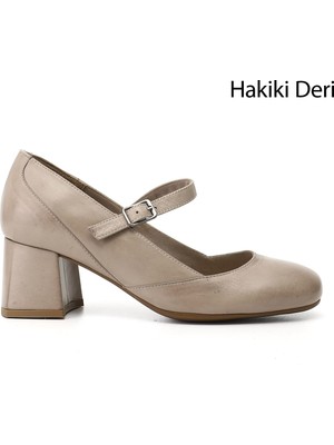 Gönderi® Kadın Bej Antik Kalın Topuklu Mary Jane Hakiki Deri Ayakkabı