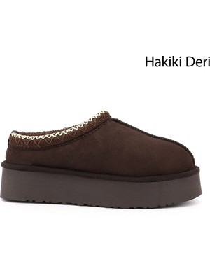 GÖNDERİ Kadın Kahve Nubuk  W Tazz Kalın Tabanlı Hakiki Deri Kürklü Terlik