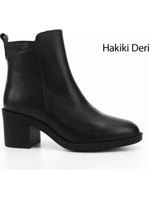 GÖNDERİ Kadın Siyah  Fermuarlı Kalın Topuklu Hakiki Deri Bot