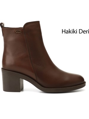 GÖNDERİ Kadın Kahverengi  Fermuarlı Kalın Topuklu Hakiki Deri Bot