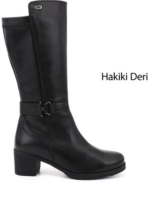 GÖNDERİ Kadın Siyah  Kalın Topuklu Hakiki Deri Çizme