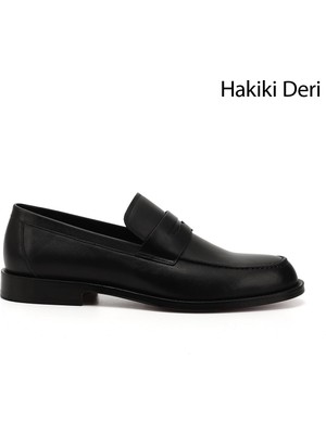 GÖNDERİ Erkek Siyah  Kösele Taban Hakiki Deri Loafer Ayakkabı