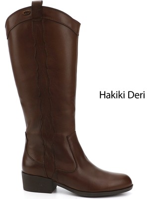 Gönderi(r) Kadın Kahve Antik Fermuarlı Kalın Topuklu Hakiki Deri Kovboy Çizme