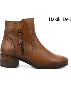 GÖNDERİ Kadın Taba Antik  Fermuarlı Kalın Topuklu Hakiki Deri Bot