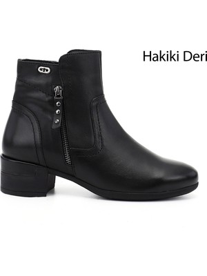 GÖNDERİ Kadın Siyah  Fermuarlı Kalın Topuklu Hakiki Deri Bot