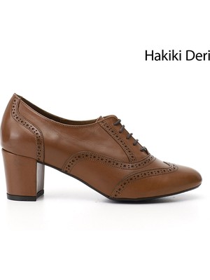 GÖNDERİ Kadın Taba Antik  Bağcıklı Kalın Topuklu Hakiki Deri Oxford Ayakkabı
