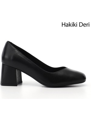 GÖNDERİ Kadın Siyah  Küt Burun Kalın Topuklu Hakiki Deri Ayakkabı