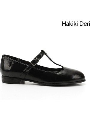 GÖNDERİ Kadın Siyah Rugan  Mary Jane Hakiki Deri Babet