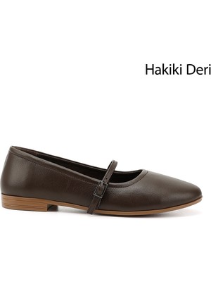 GÖNDERİ Kadın Kahve Antik Mary Jane Hakiki Deri Babet
