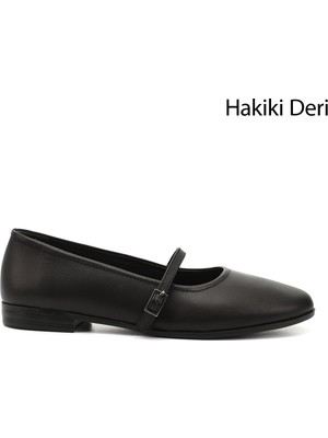 Kadın Siyah Mary Jane Hakiki Deri Babet