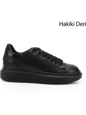 GÖNDERİ Kadın Kömür  Bağcıklı Dolgu Taban Hakiki Deri Sneaker