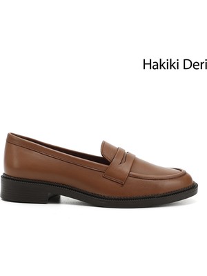 GÖNDERİ Kadın Taba Antik  Hakiki Deri Loafer Ayakkabı