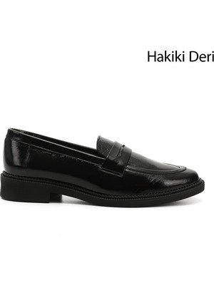 GÖNDERİ Kadın Siyah - Rugan Hakiki Deri Loafer Ayakkabı