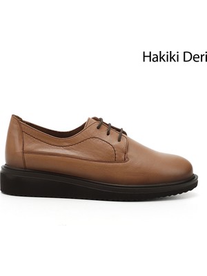 Gönderi® Kadın Açık Taba Bağcıklı Dolgu Taban Hakiki Deri Ayakkabı
