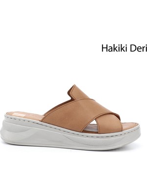 Gönderi(r) Kadın Taba  Çapraz Bantlı Dolgu Topuk Hakiki Deri Comfort Terlik