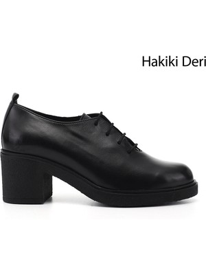 GÖNDERİ Kadın Siyah  Bağcıklı Kalın Topuklu Hakiki Deri Ayakkabı